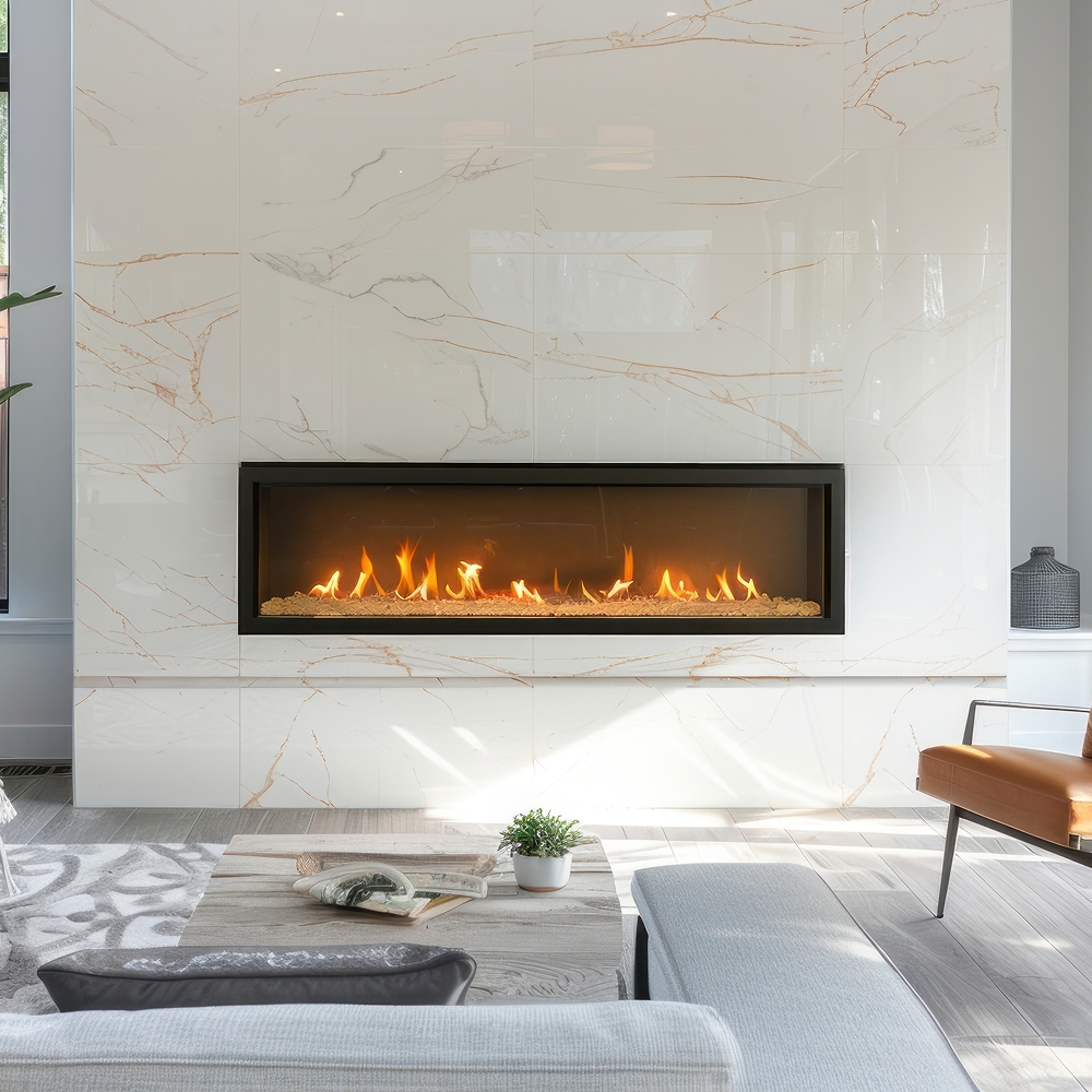Custom stone fireplace surround in a modern living room